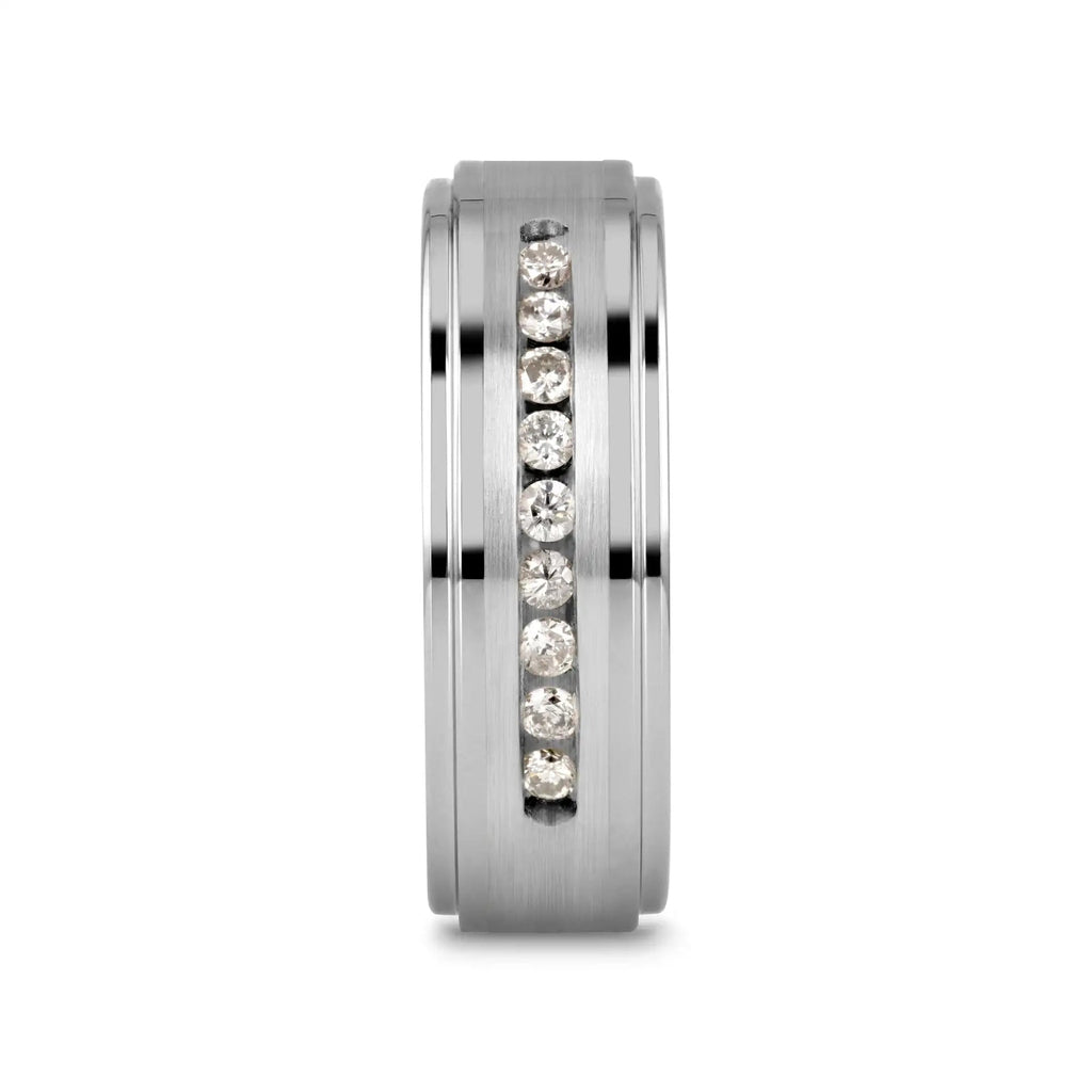 HARPER Tungsten Wedding Band with Raised Center & Brushed Silver Inlay and 9 Channel Set White Diamonds - 8mm