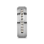 HARPER Tungsten Wedding Band with Raised Center & Brushed Silver Inlay and 9 Channel Set White Diamonds - 8mm