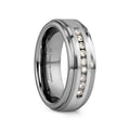 HARPER Tungsten Wedding Band with Raised Center & Brushed Silver Inlay and 9 Channel Set White Diamonds - 8mm