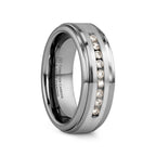 HARPER Tungsten Wedding Band with Raised Center & Brushed Silver Inlay and 9 Channel Set White Diamonds - 8mm