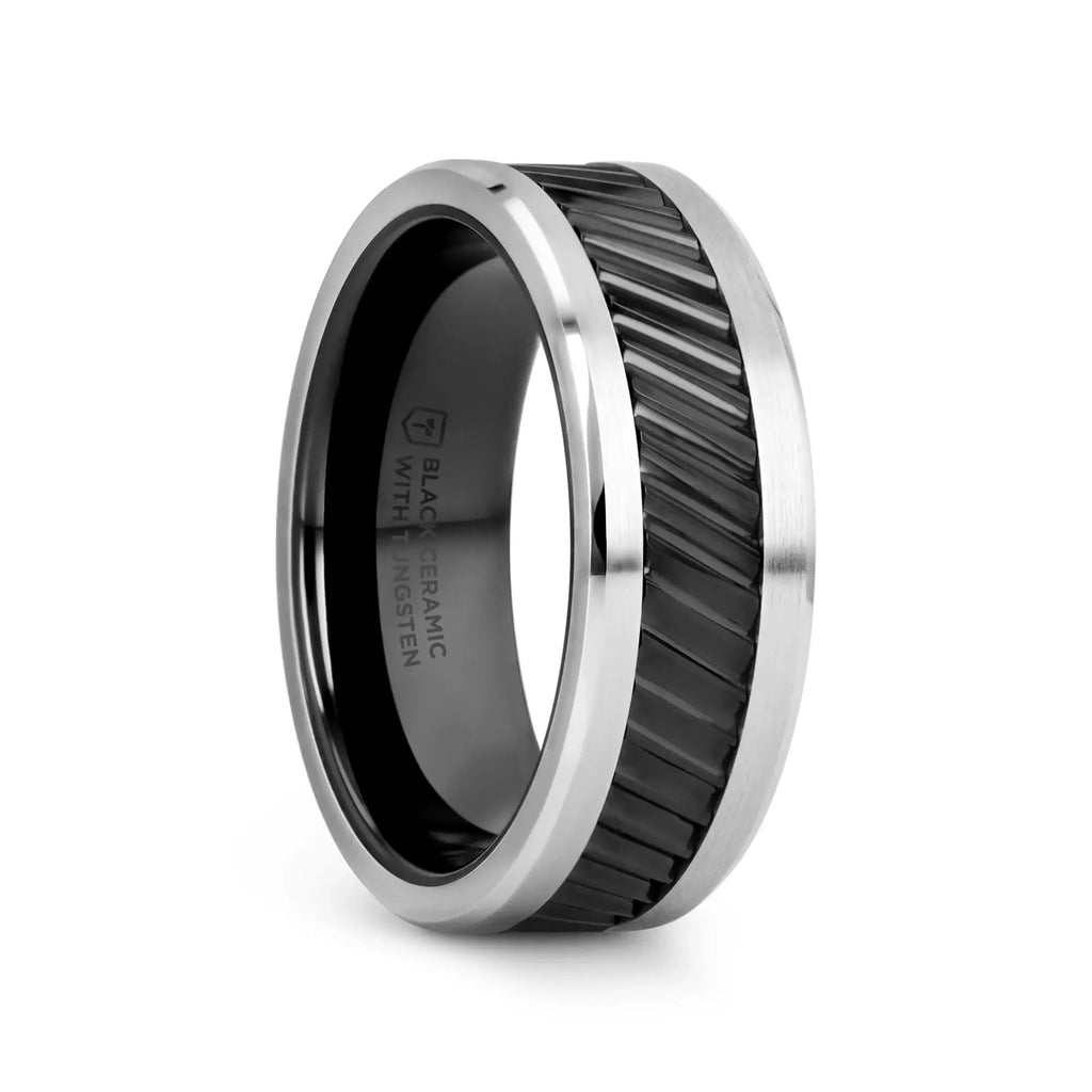 HELIX Gear Teeth Pattern Black Ceramic and Tungsten Ring - 6mm, 8mm, 10mm