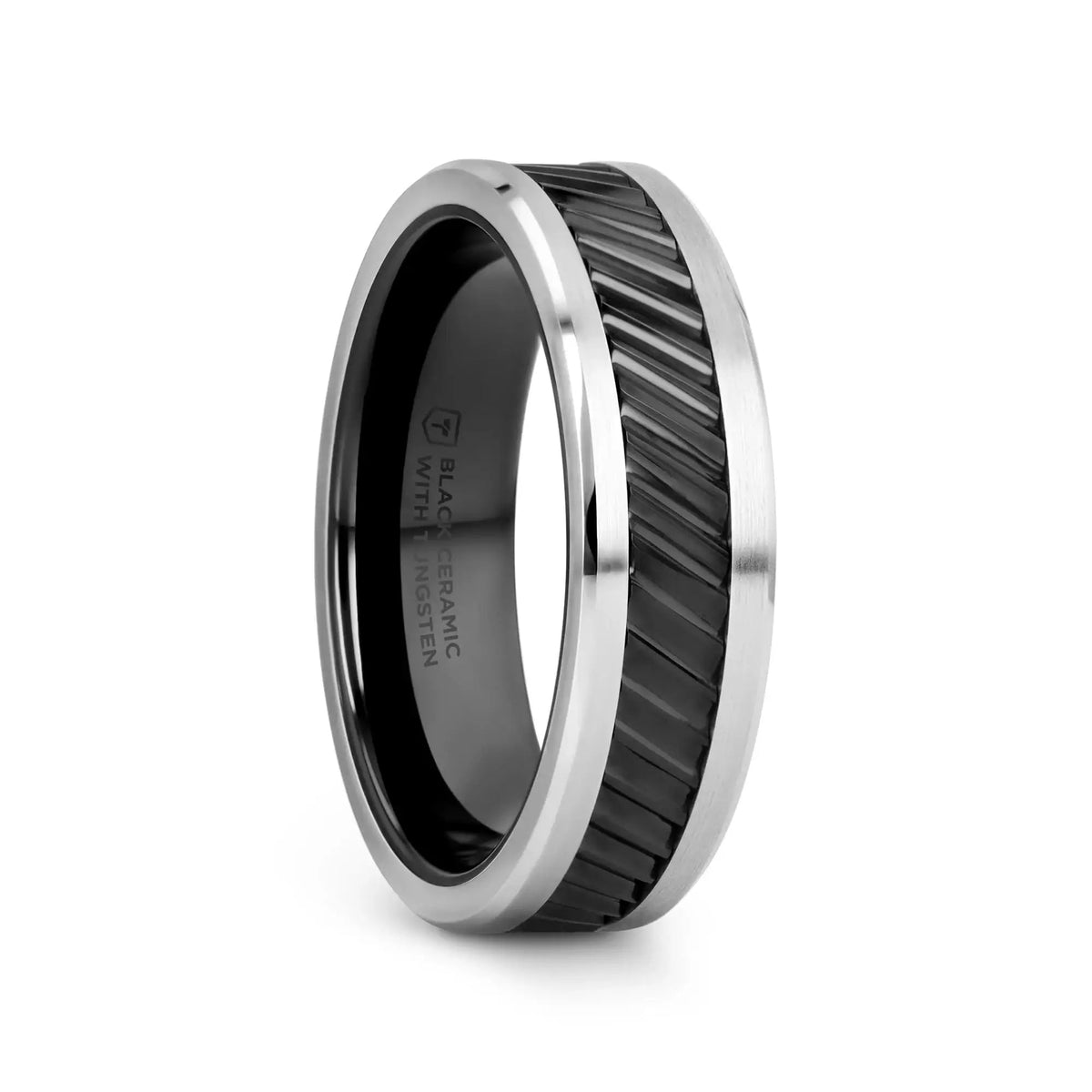 HELIX Gear Teeth Pattern Black Ceramic and Tungsten Ring - 6mm, 8mm, 10mm