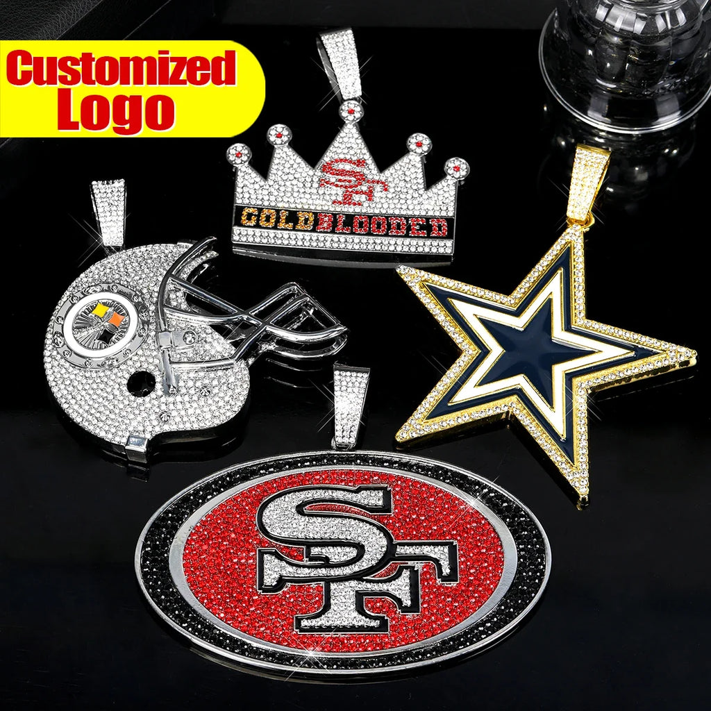 Sports LOGO Pendant Necklace with Iced Out Cuban Chains for Football Fans