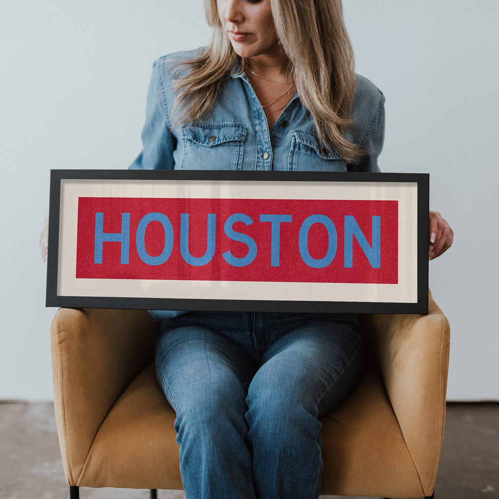 Framed Houston Baby Blue Bus Scroll