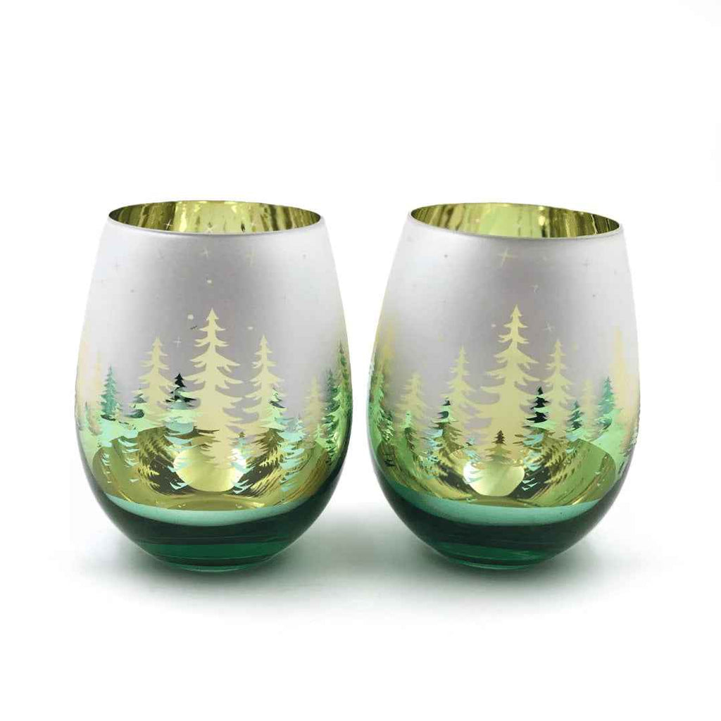 Green Pine Tree Stemless Wine Glasses