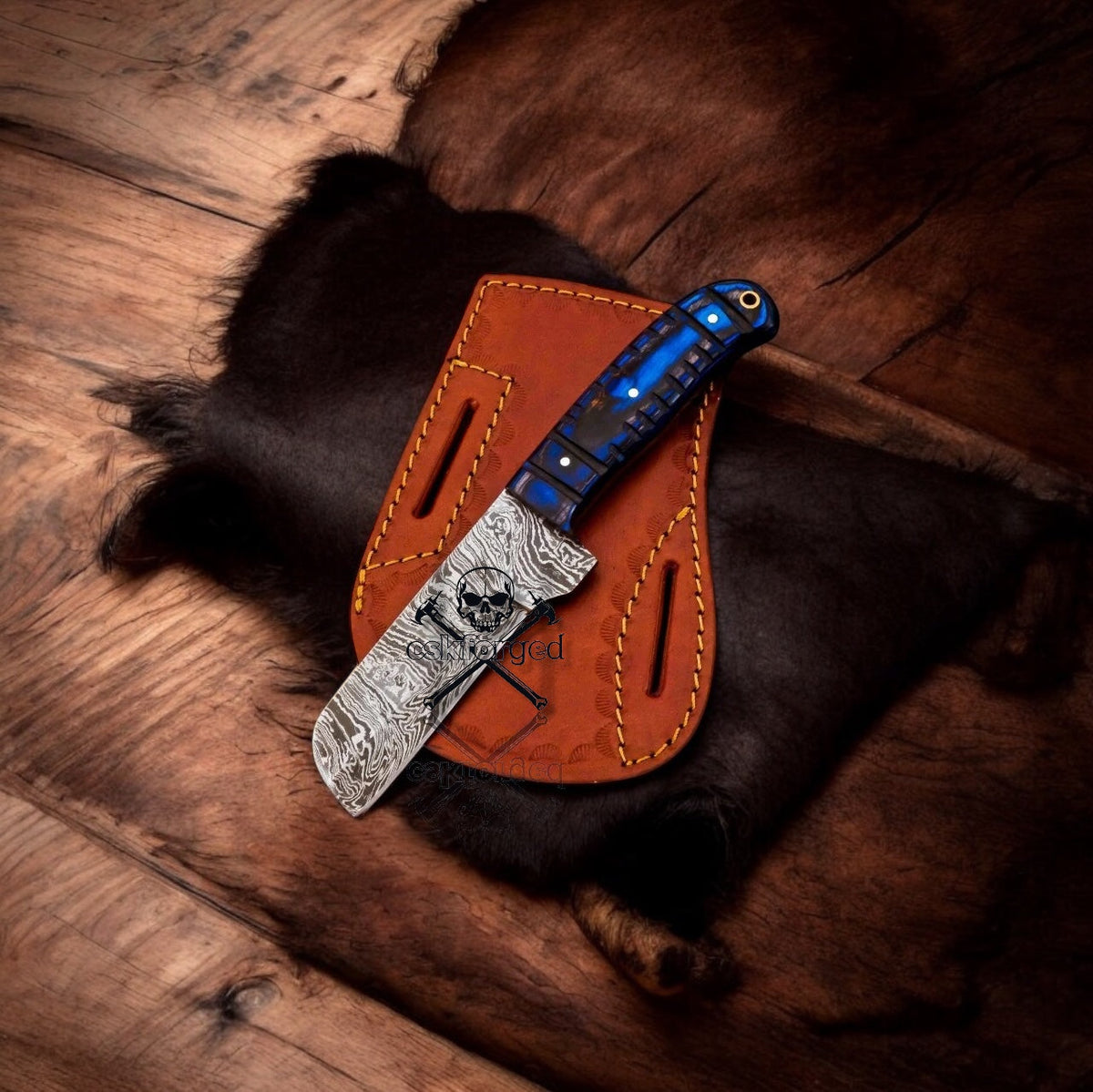 Damascus Bull Cutter Knife Handcrafted Wood & Belt Sheath