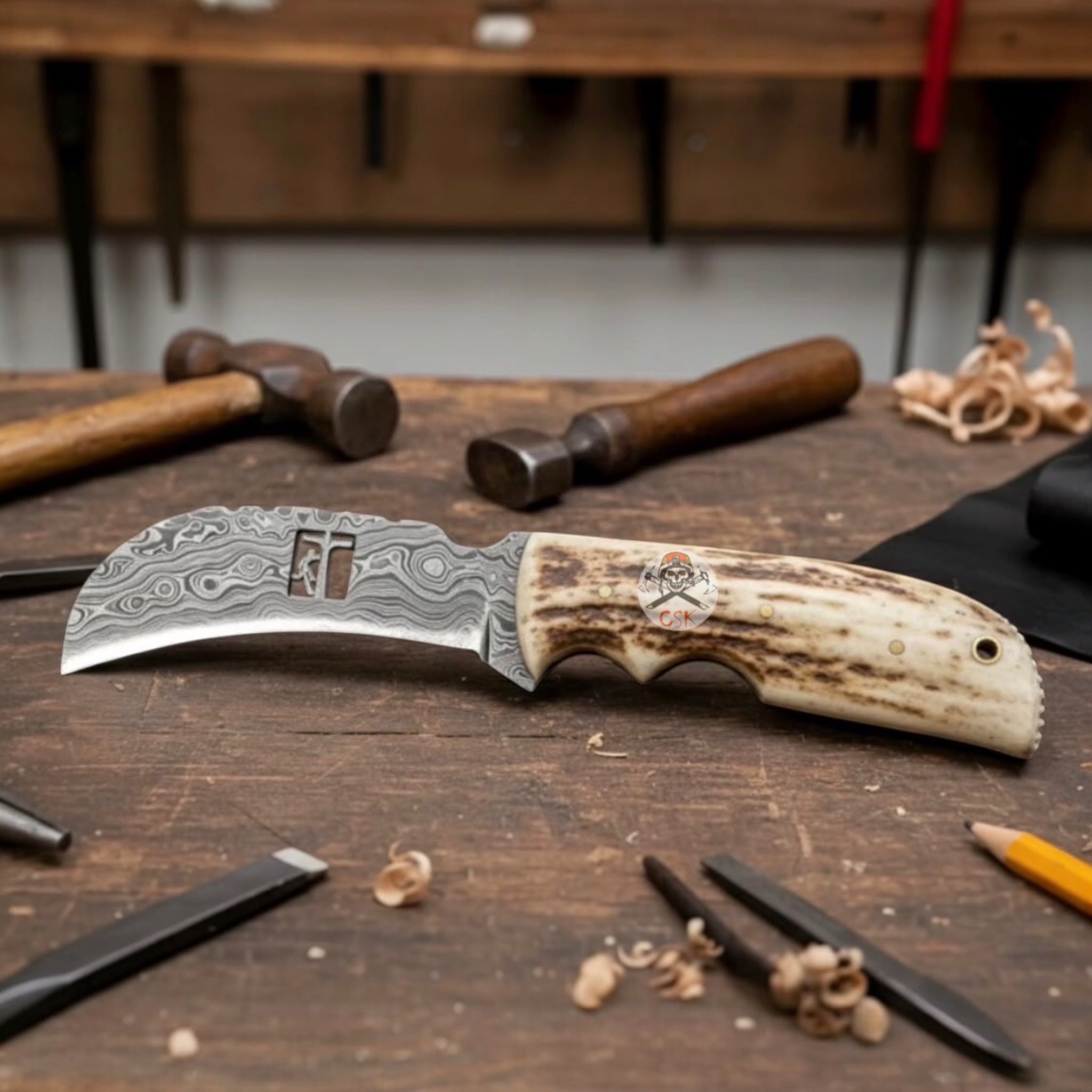 CSK Handcrafted Damascus Steel Hawkbill Knife – Stag Horn Handle, Premium Outdoor Blade