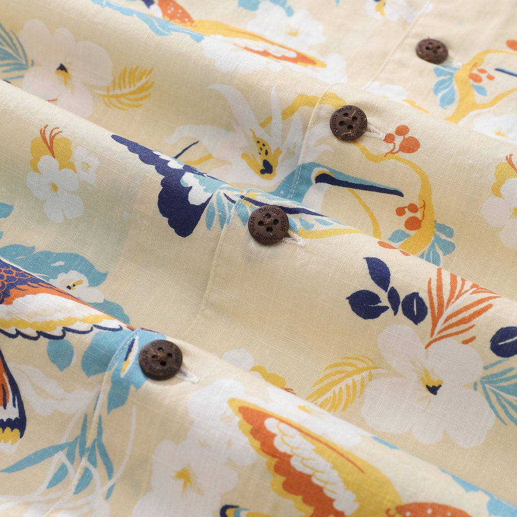 Hawaiian Shirts For Men White Flowers and Hummingbird Shirt 100% Cotton