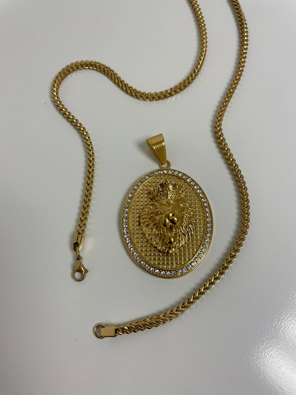 Lion Medallion Oval Pendant with 14K Gold Plated Franco Necklace 3mm 24" Set
