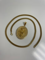 Lion Medallion Oval Pendant with 14K Gold Plated Cuban Link Necklace 5mm 24" Set