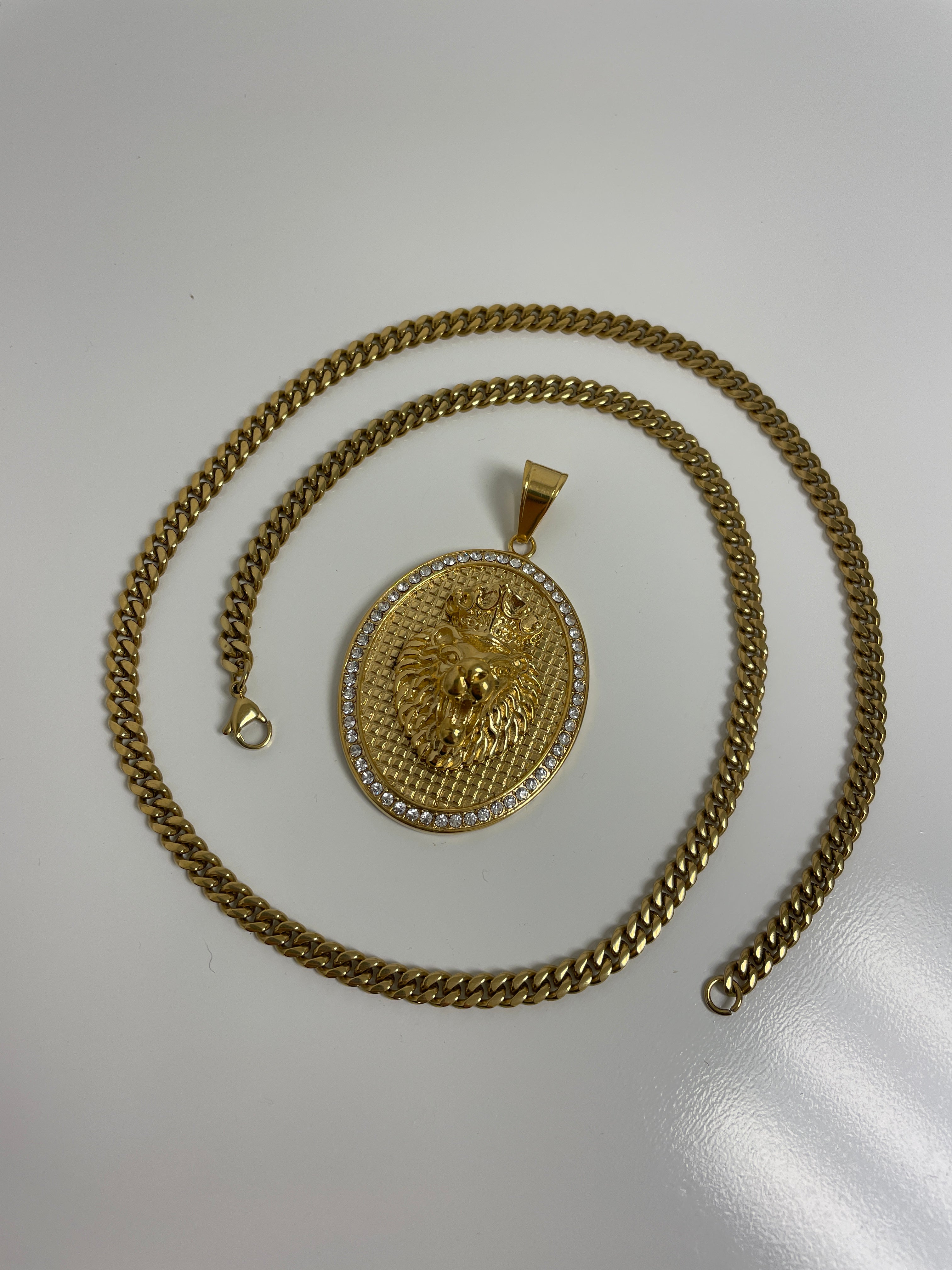 Lion Medallion Oval Pendant with 14K Gold Plated Cuban Link Necklace 5mm 24" Set