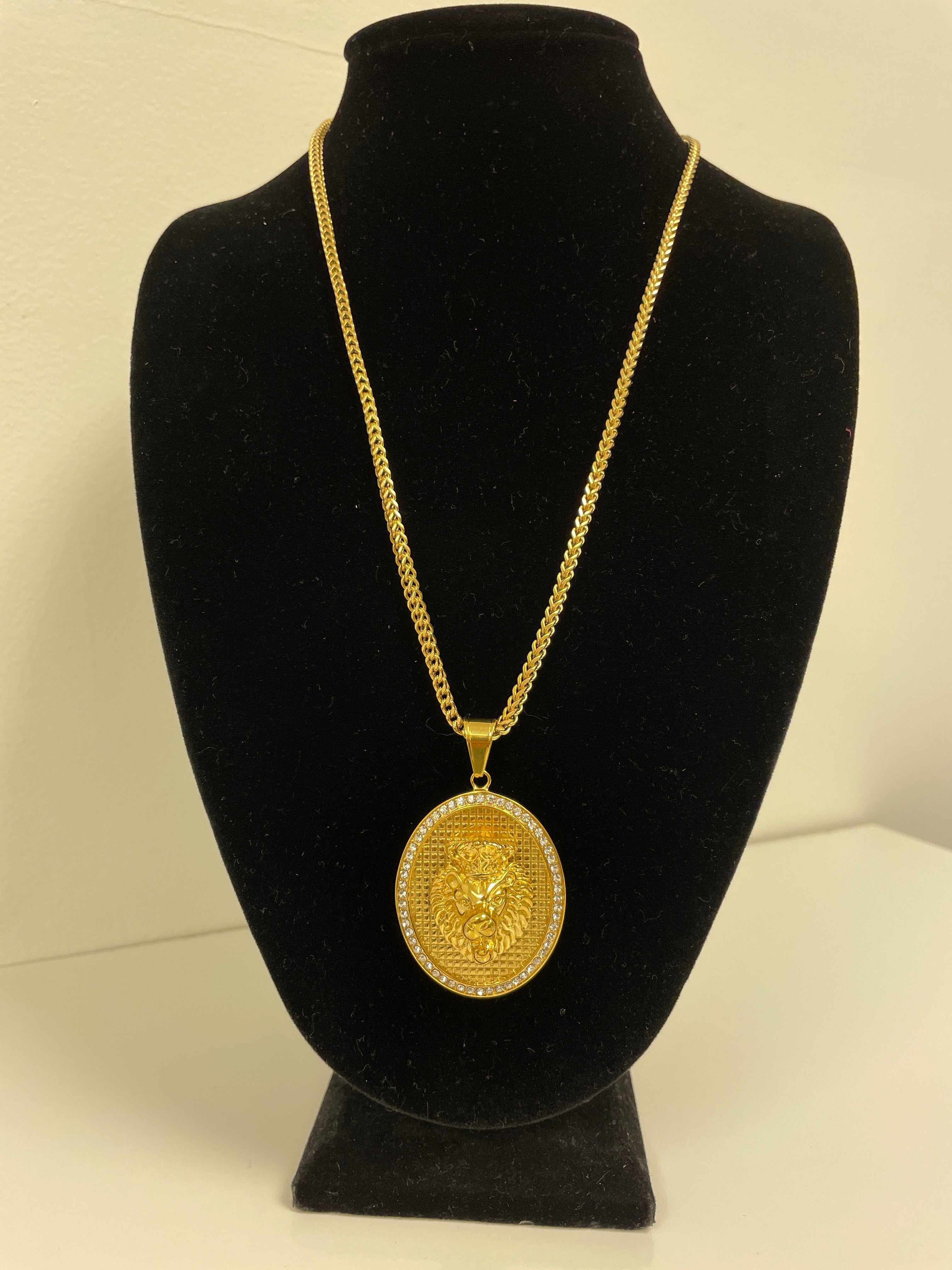 Lion Medallion Oval Pendant with 14K Gold Plated Franco Necklace 3mm 24" Set