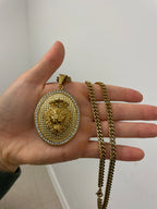 Lion Medallion Oval Pendant with 14K Gold Plated Cuban Link Necklace 5mm 24" Set