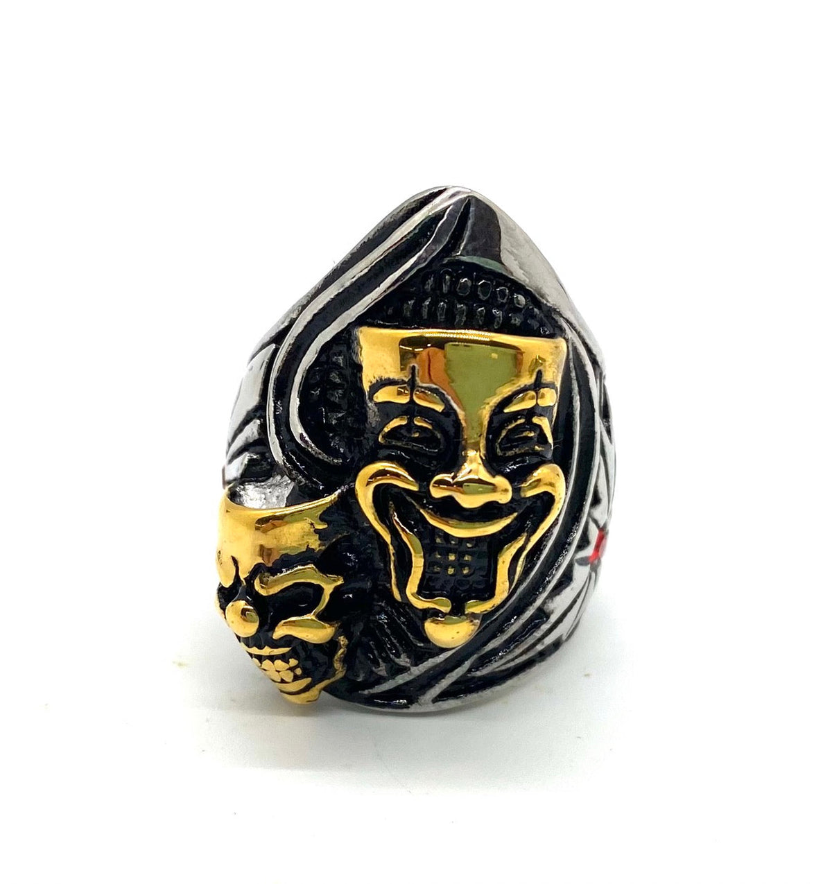 SK1846 Comedy Tragedy Ring - Heavy 316L Stainless with Gold Tone Inlay and Side Stone