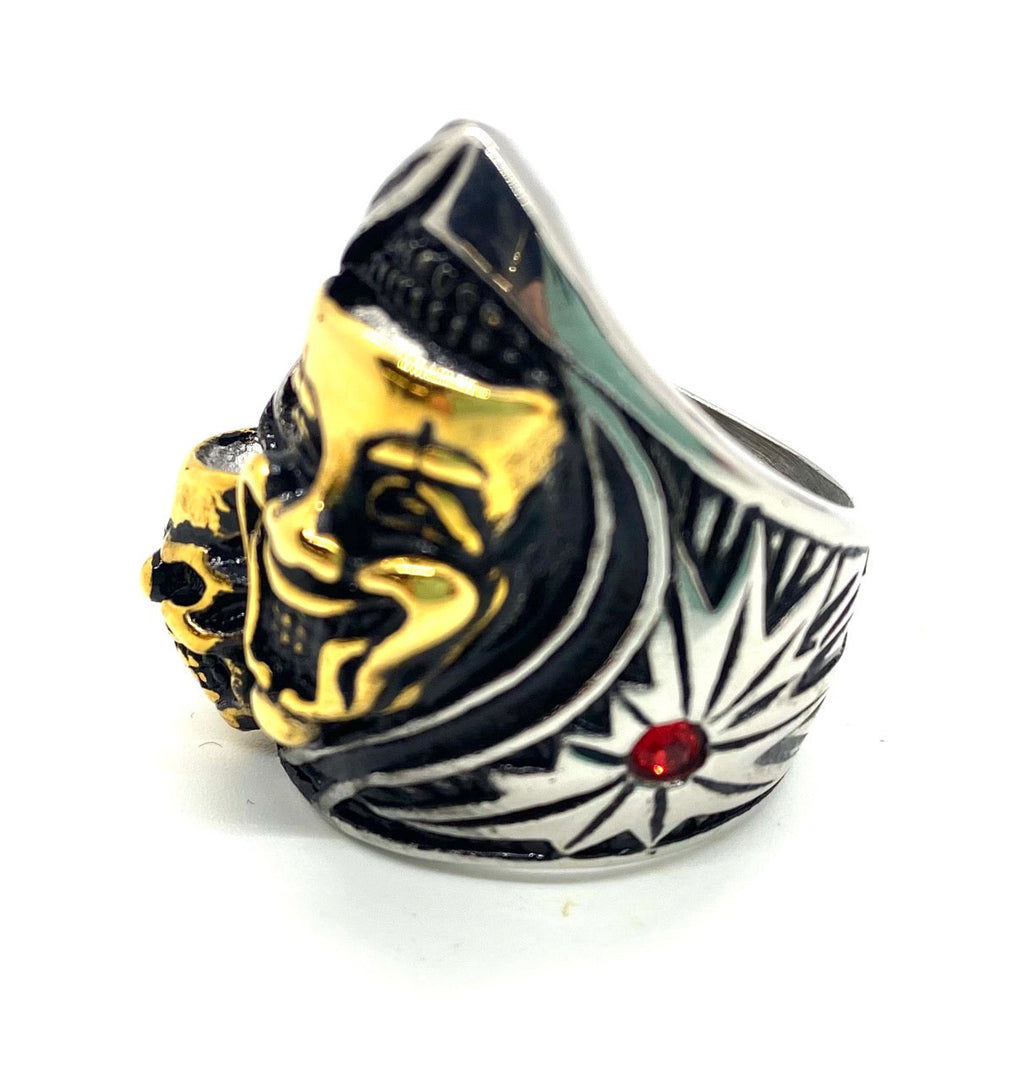 SK1846 Comedy Tragedy Ring - Heavy 316L Stainless with Gold Tone Inlay and Side Stone