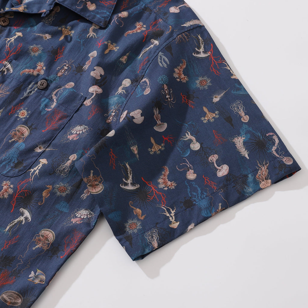 Hawaiian Shirt For Men Oceans and Coral Shirt Camp Collar 100% Cotton