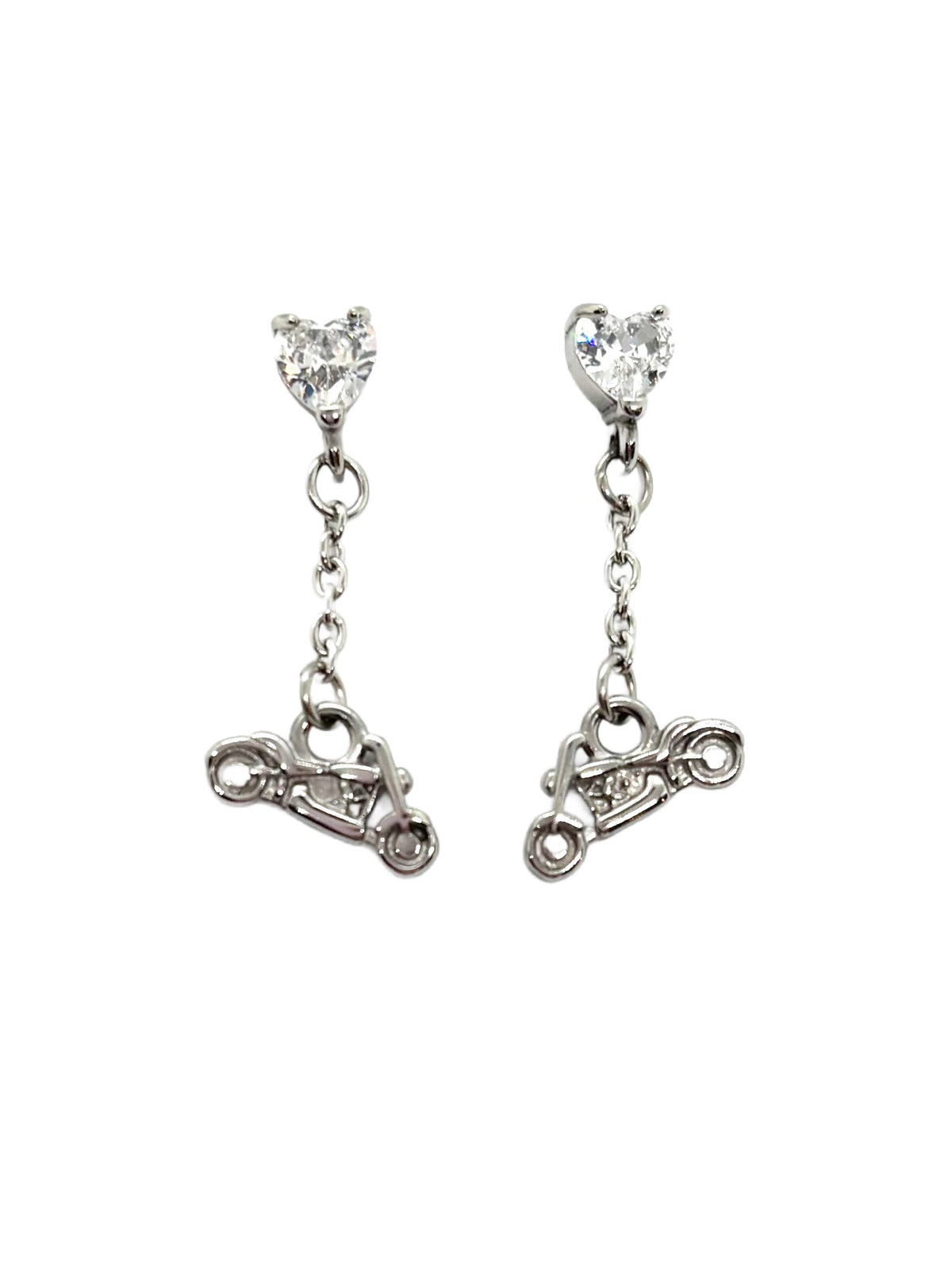 SK2707E Heart Crystal Motorcycle Earrings - Clear Stone
