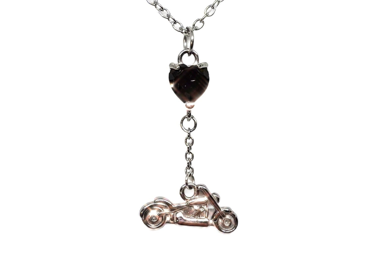 SK2708N Heart Crystal Motorcycle Necklace - Black Stone