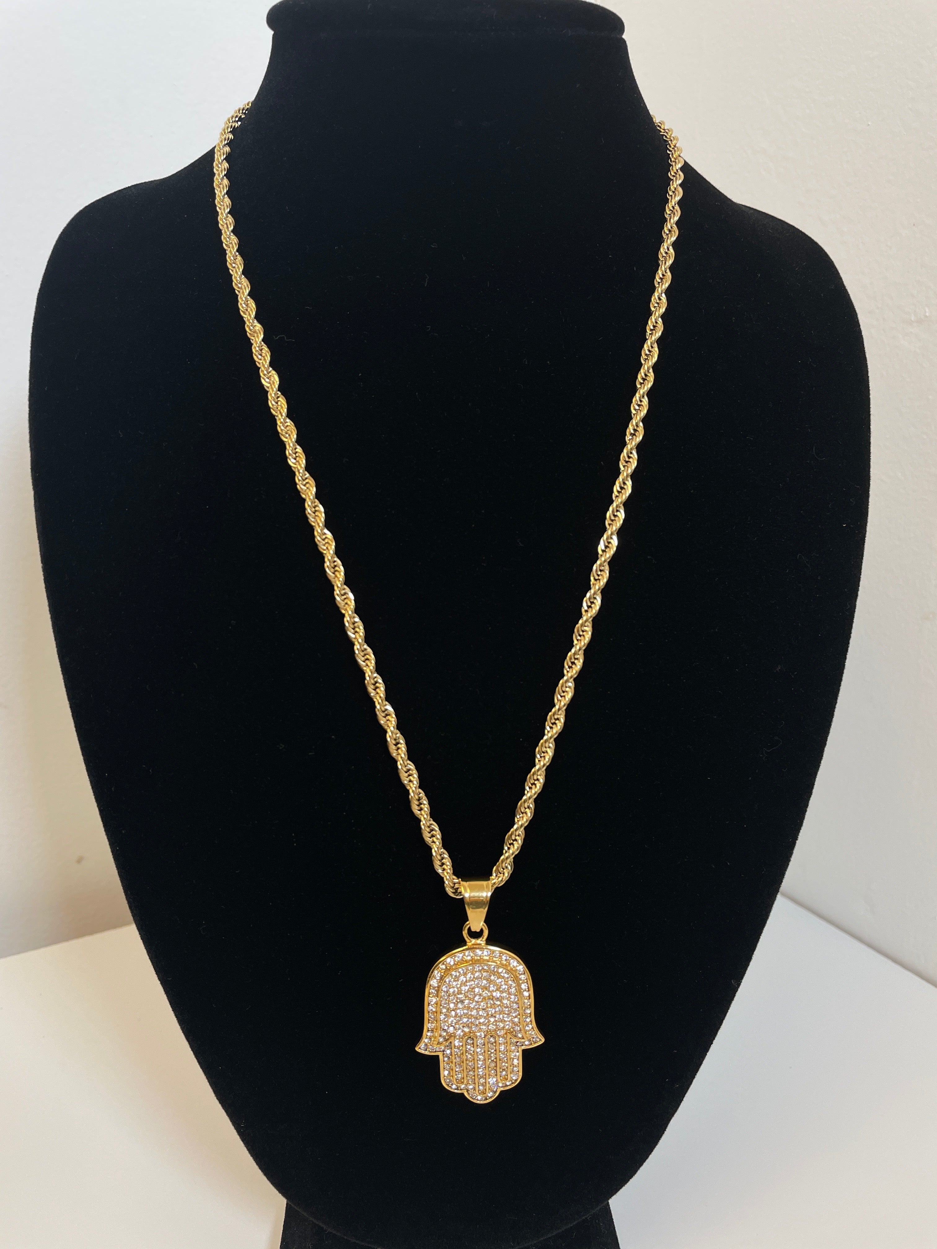 Hamsa Pendant with 14K Gold Filled Rope Necklace 4mm 24" Chain Set for Men or Women
