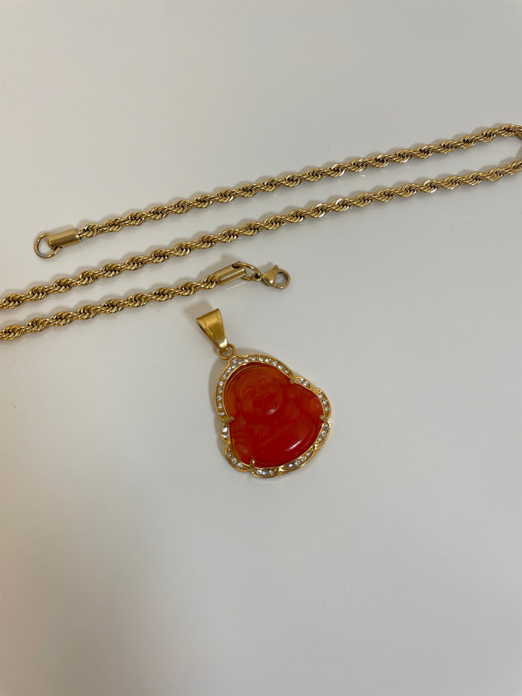 Red Buddha Pendant with 14K Gold Plated Rope Necklace 4mm 24" Chain Set