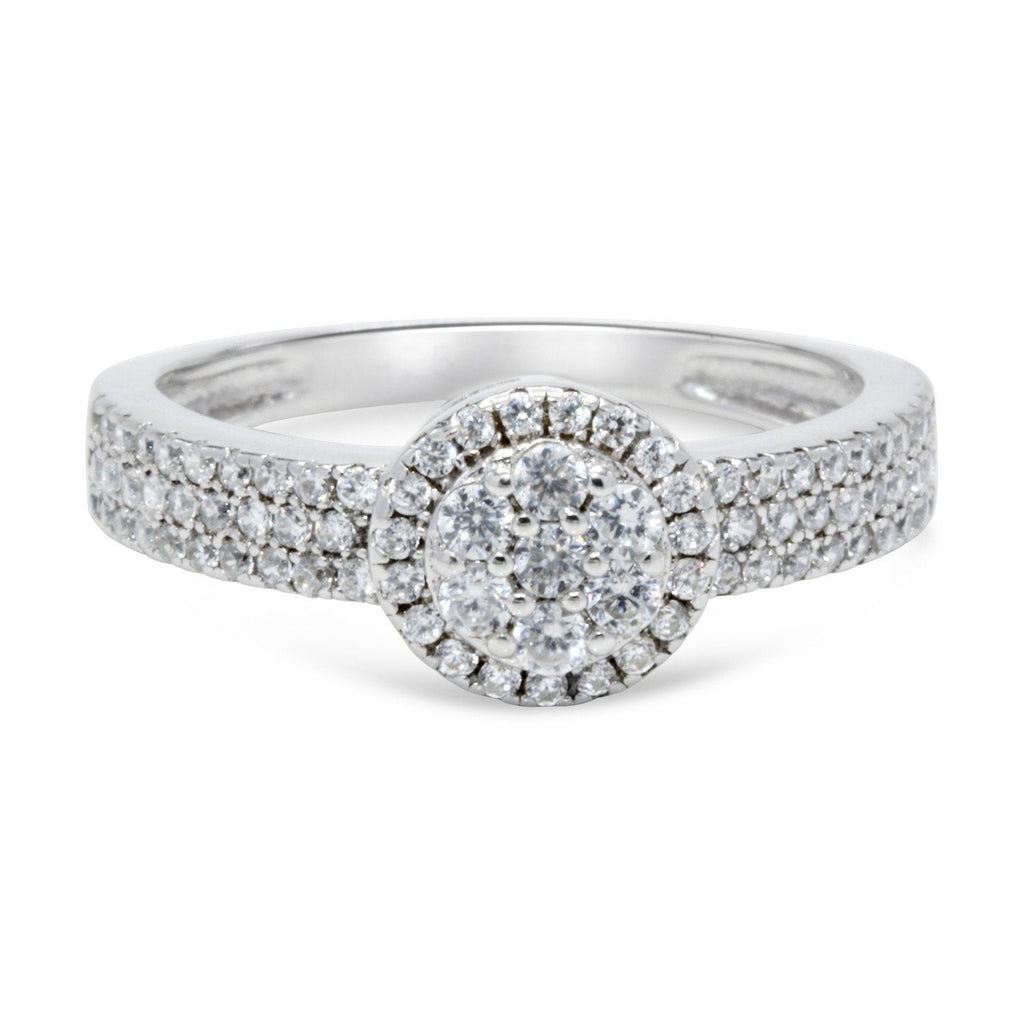 CZ 5mm Center Stone Halo Style Band White Gold Plated, Wedding Ring, Engagement Ring, Promise Ring