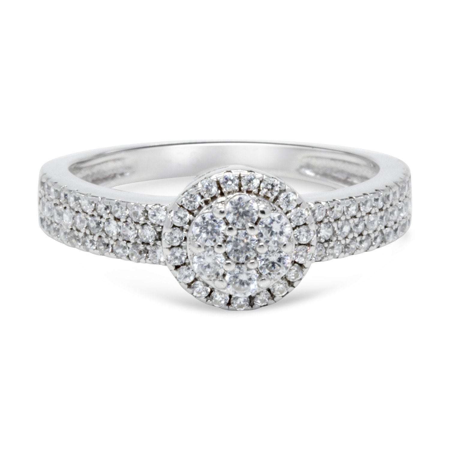 CZ 5mm Center Stone Halo Style Band White Gold Plated, Wedding Ring, Engagement Ring, Promise Ring