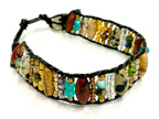 Natural Stone and wood beaded Bracelet Boho design with Leather button on closure