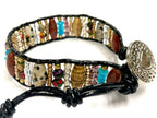 Natural Stone and wood beaded Bracelet Boho design with Leather button on closure