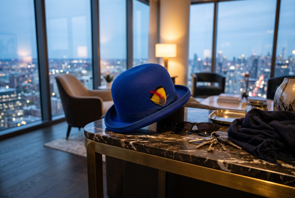 Men's Royal Blue Derby Hat | Premium 100% Wool Felt Bowler Hat with Feather - Ferrecci