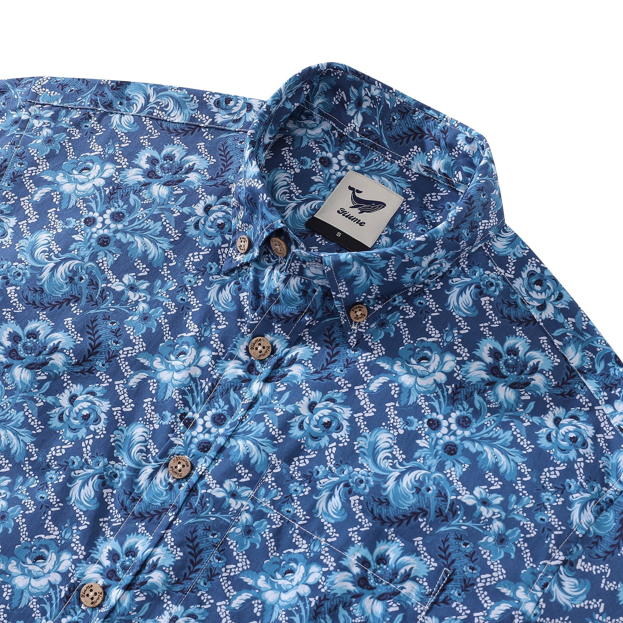 Men's Hawaiian Shirt Azure Blossoms Print Cotton Button-down Short Sleeve Aloha Shirt