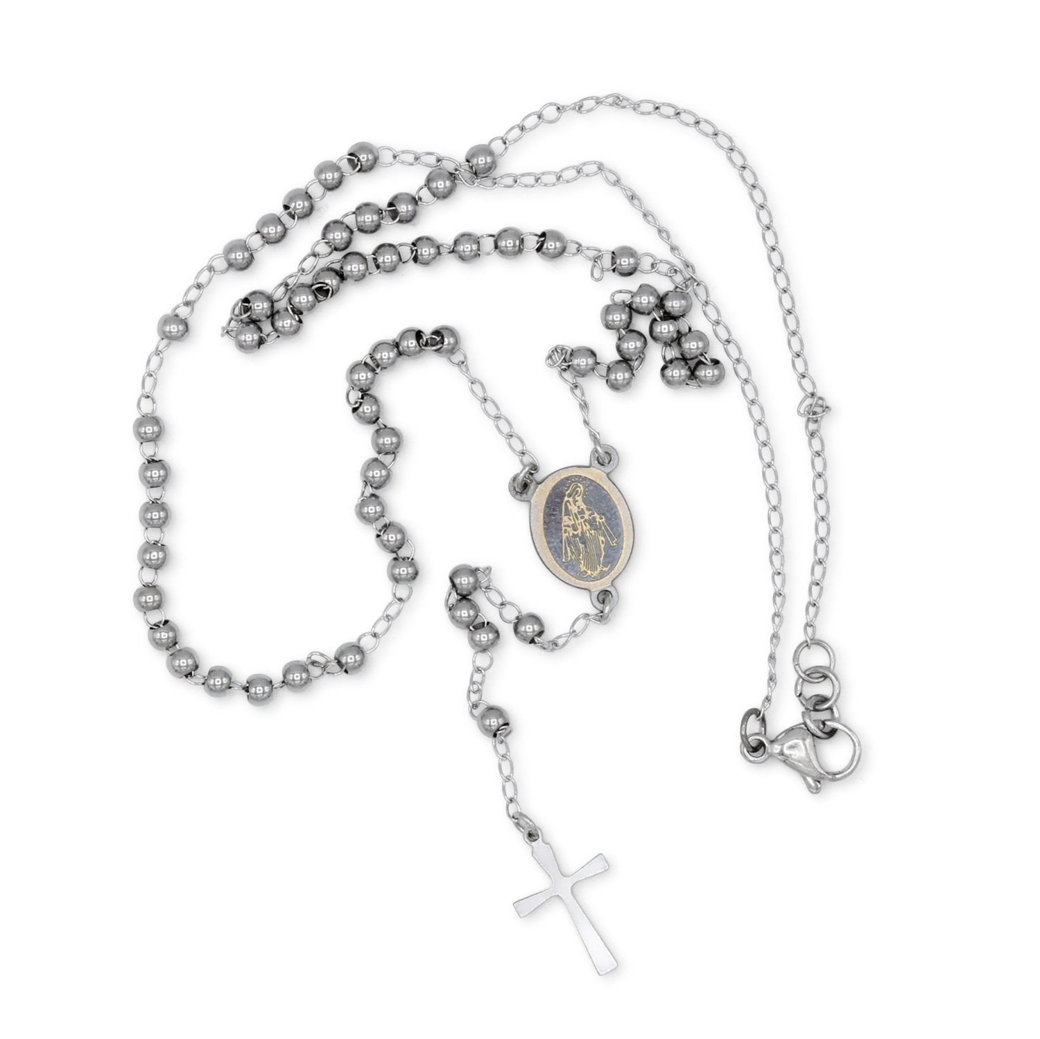 Traditional Silver Rosary Necklace Five Decade Catholic Prayer Beads 3mm