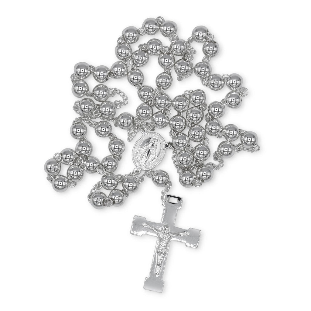 Traditional Silver Rosary Necklace Five Decade Catholic Prayer Beads 10mm