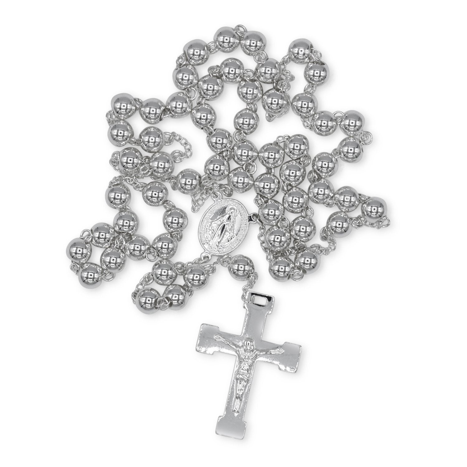 Traditional Silver Rosary Necklace Five Decade Catholic Prayer Beads 10mm