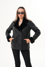 The Zurich Double-Breasted Black Shearling Leather Women Jacket