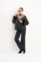 The Estelle Black & Beige Shearling Leather Women Jacket