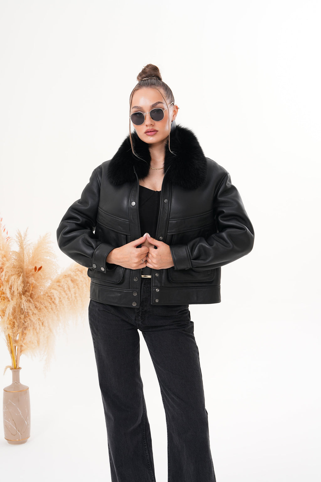 The Auretta Black Shearling Leather Women Jacket