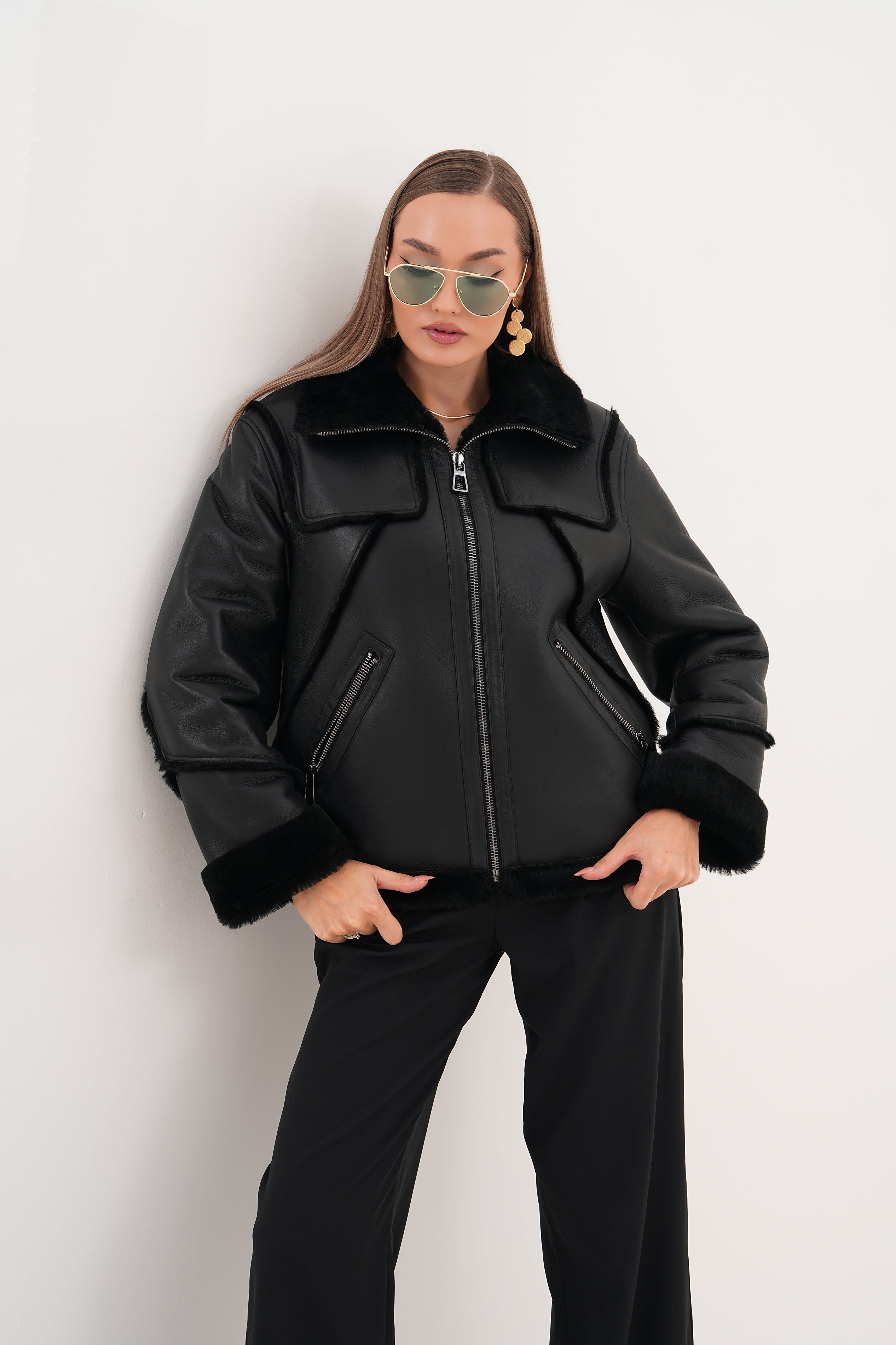 The Denali Black Shearling Leather Women Jacket