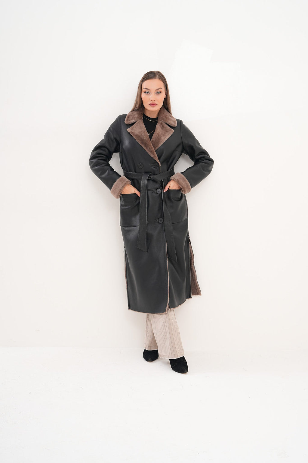 The Florence Long Shearling Black Leather Women Jacket