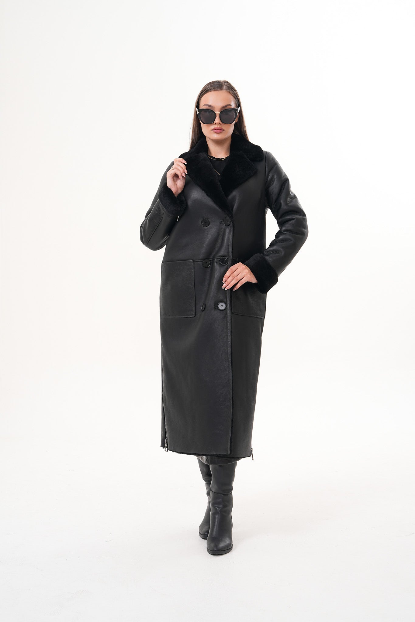 The Raven Long Shearling Black Leather Women Leather Jacket