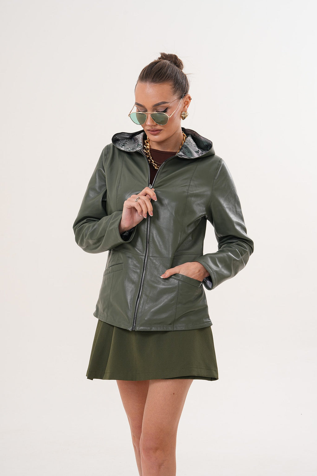 The Avelyn Reversible Olive Green Leather Women Jacket
