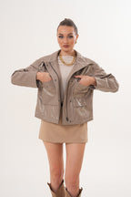 The Ravelyn Taupe Leather Women Jacket