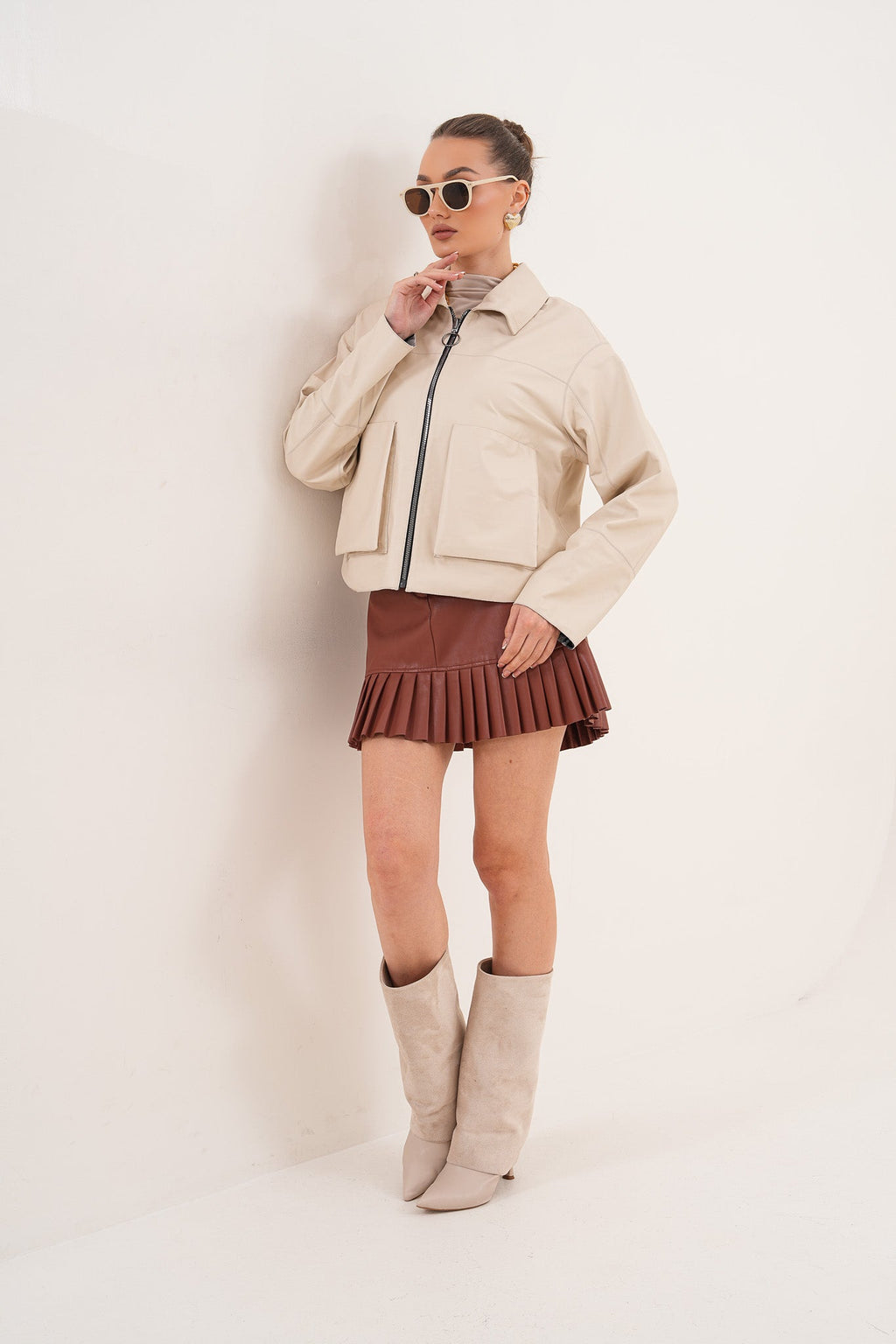 The Elvoria Reversible Beige Leather Jacket