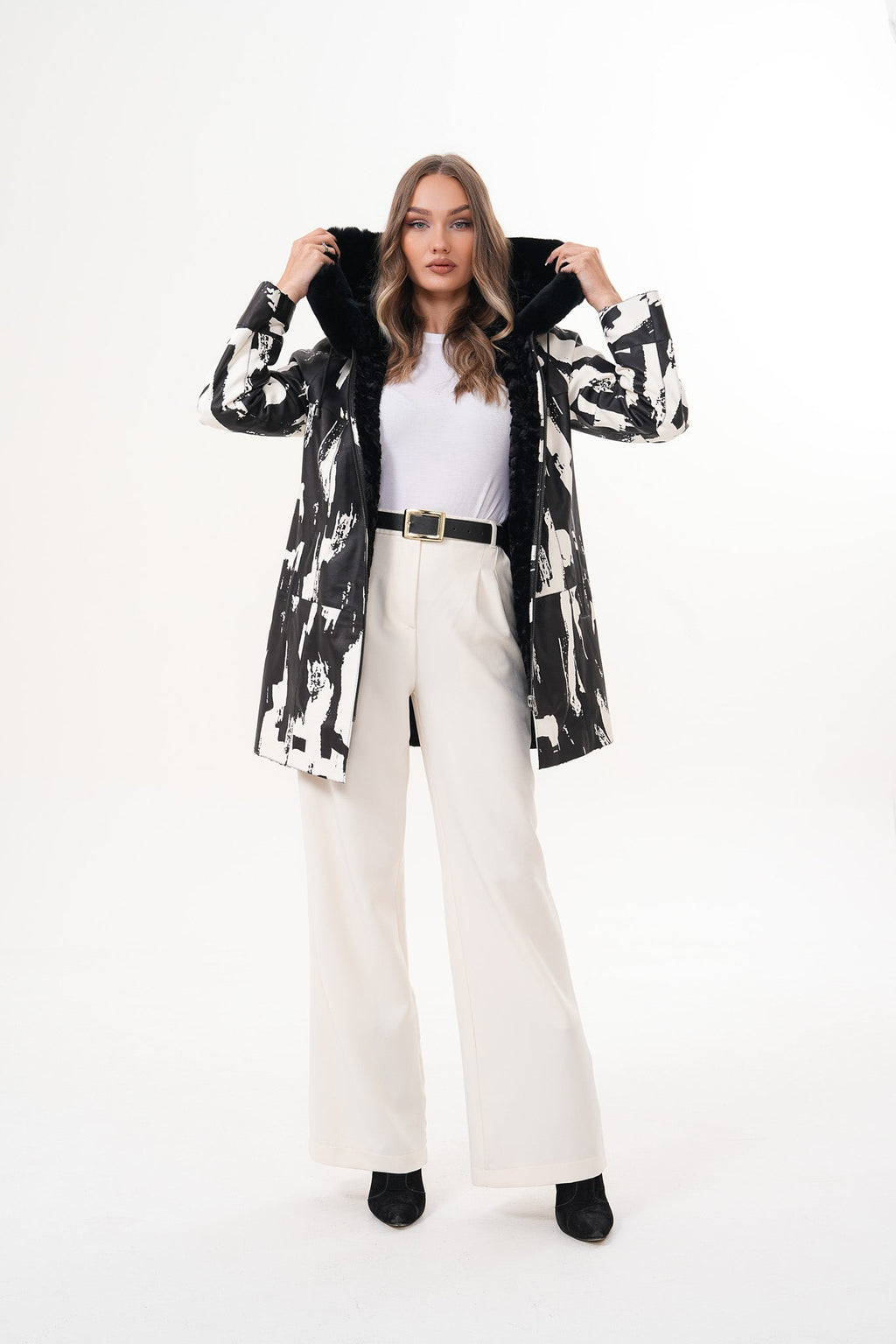 The Prisma Black & White Leather Women Jacket