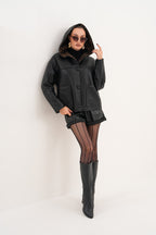 The Arlena Black &amp; Leopard Shearling Leather Women Jacket