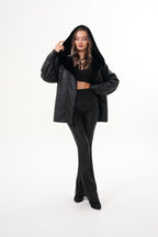 The Denali Hooded Black Shearling Leather Women Jacket