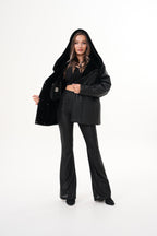The Denali Hooded Black Shearling Leather Women Jacket