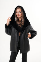 The Denali Hooded Black Shearling Leather Women Jacket