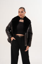 The Elvaris Dark Chocolate Leather Women Jacket with Fur Collar
