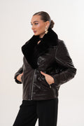 The Elvaris Dark Chocolate Leather Women Jacket with Fur Collar