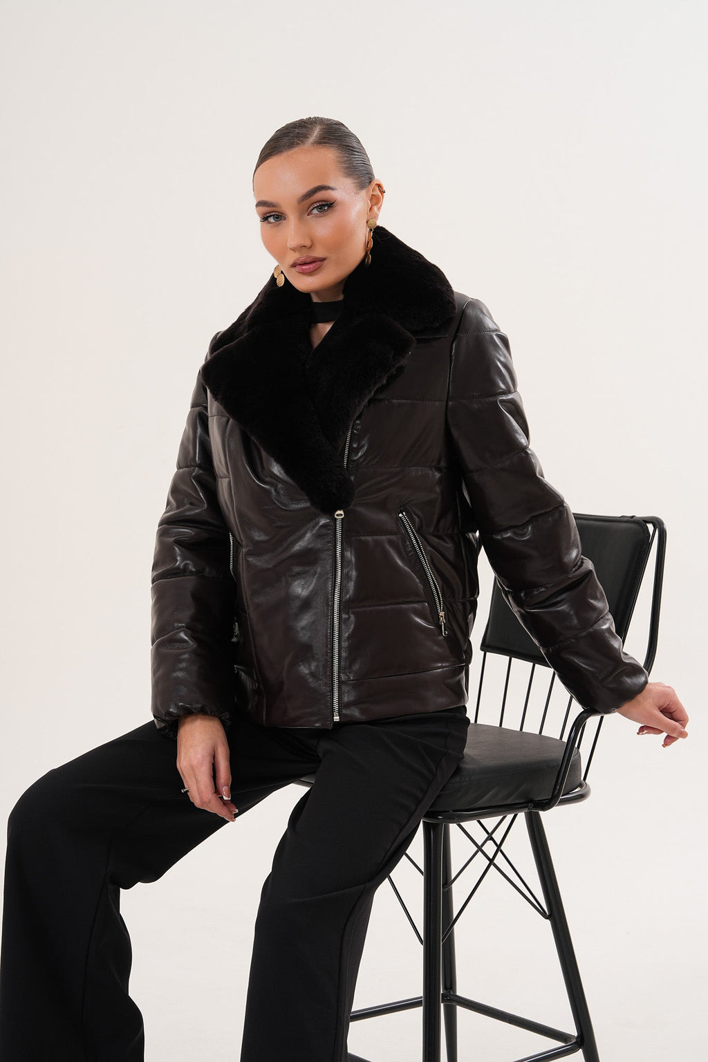 The Elvaris Dark Chocolate Leather Women Jacket with Fur Collar